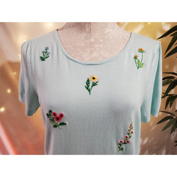 Talbots Embroidered Floral Cottage Short Sleeve Sweater Top Womens Size L Petite - Picture 5 of 10